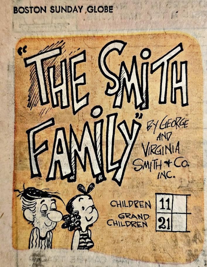 Boston Sunday Globe title plate for The Smith Family by George and Virginia Smith, with eleven children and twenty-one grandchildren