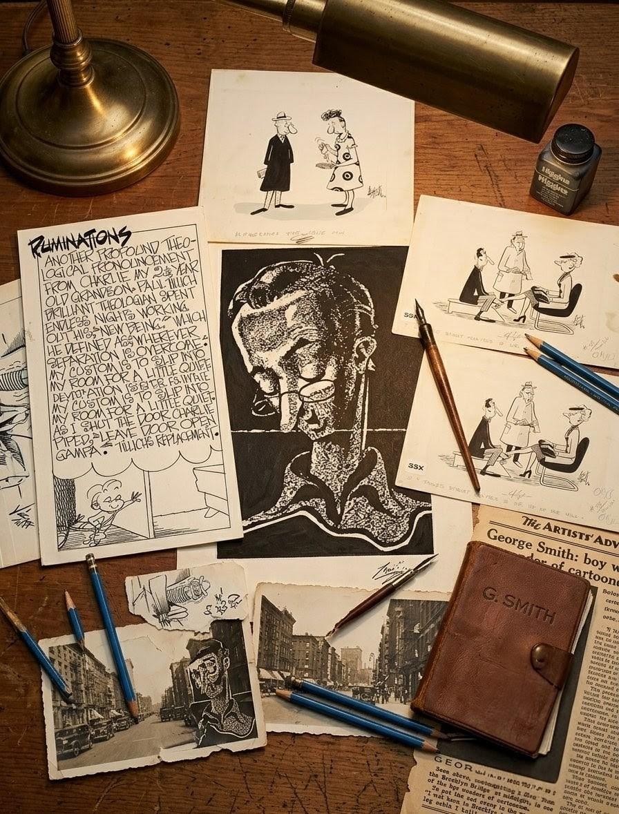 George Smith’s drawing table: original Ruminations art, sketches, a leather G. Smith notebook, and the boy-wonder clipping